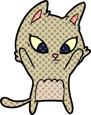 Bir insan tarafından çizilmiş kafası karışmış çizgi film kedisi.