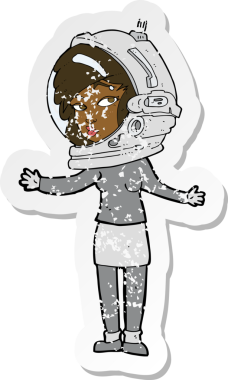 Bir insan tarafından çizilmiş astronot kaskı giyen bir karikatür kadının gerilimli retro yapıştırması.