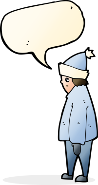 Bir insan tarafından çizilmiş konuşma baloncuğu olan kış kıyafetleri içindeki bir çizgi film insanı.