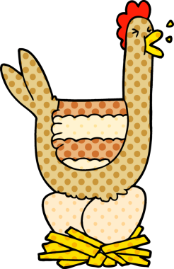 Bir insan tarafından çizilmiş yuvada oturan tavuk.