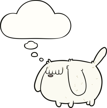 Bir insan tarafından çizilmiş düşünce balonlu komik çizgi film köpeği.