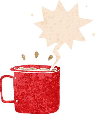 Bir insan tarafından çizilmiş, grunge 'de konuşma baloncuğu olan bir kahve fincanı.