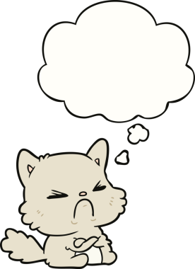 Bir insan tarafından çizilmiş düşünce balonlu kızgın kedi çizgi filmi.