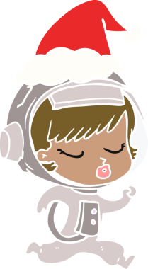 Bir insanın çizdiği Noel Baba şapkasıyla koşan güzel bir astronot kızın el çizimi düz renk çizimi.