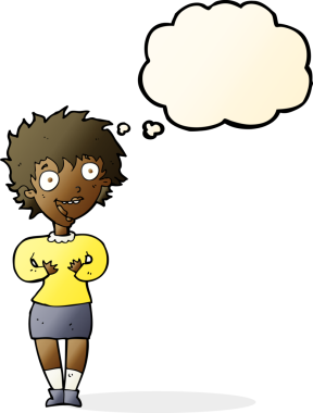 Bir insan tarafından çizilmiş düşünce baloncuğu olan heyecanlı bir kadın.