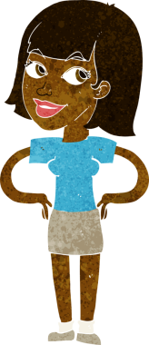 Bir insan tarafından çizilmiş elleri kalçasında mutlu bir kadın çizgi filmi.