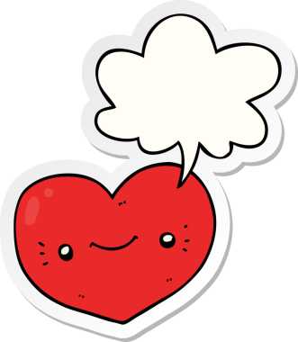 Bir insan tarafından çizilmiş konuşma kabarcığı çıkartmalı kalp çizgi film karakteri.