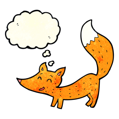 Bir insan tarafından çizilmiş düşünce baloncuklu küçük tilki.