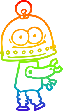 Gökkuşağı gradyan çizgisi mutlu bir karton robot çizimi ve bir insan tarafından çizilmiş ampul.