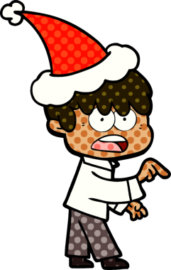 Endişeli el çizimi çizgi roman stili Noel Baba şapkası takan bir çocuğun bir insan tarafından çizilmiş resmi.