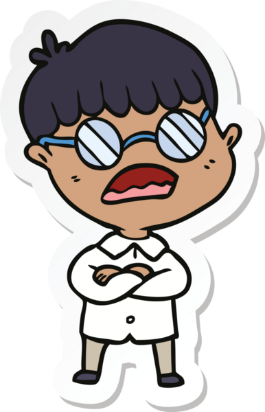 Bir insan tarafından çizilmiş gözlük takan çapraz kollu bir çizgi film çocuğunun çıkartması.