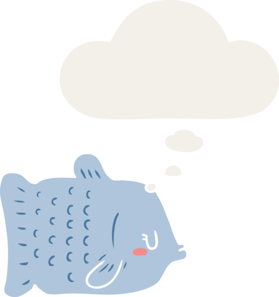 Düşünce baloncuklu çizgi film balığı insan tarafından çizilmiş.