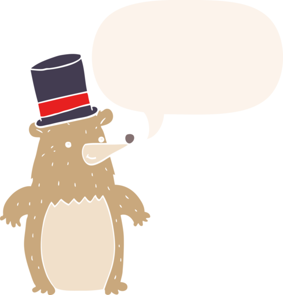 Çizgi film ayısı silindir şapkalı, konuşma baloncuğu retro tarzı bir insan tarafından çizilmiş.