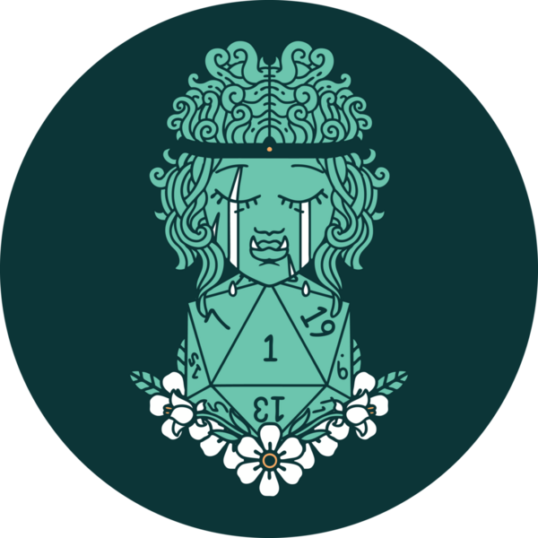 Hüzünlü Ork barbar karakter yüzü ikonu. Bir insan tarafından çizilmiş doğal bir d20 rulo.