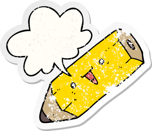 Konuşma baloncuğu olan sevimli çizgi film kalemi bir insan tarafından çizilmiş sıkıntılı eski bir çıkartma.