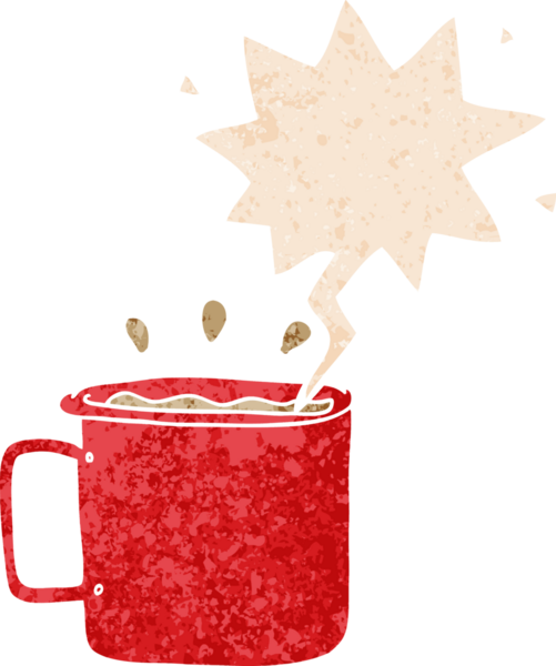 Bir insan tarafından çizilmiş, grunge 'de konuşma baloncuğu olan bir kahve fincanı.