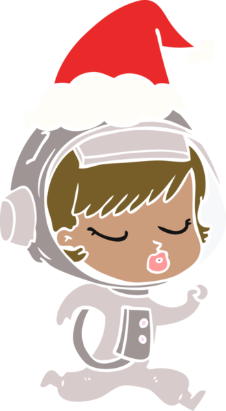Bir insanın çizdiği Noel Baba şapkasıyla koşan güzel bir astronot kızın el çizimi düz renk çizimi.