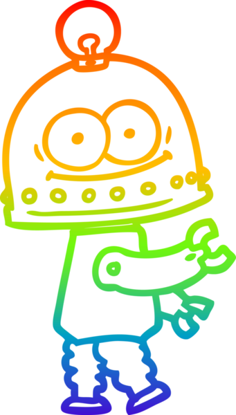 Gökkuşağı gradyan çizgisi mutlu bir karton robot çizimi ve bir insan tarafından çizilmiş ampul.