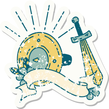 Dövme stili bir kalkanın eski bir çıkartması ve bir insan tarafından çizilmiş kılıç.