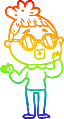 Bir insan tarafından çizilmiş gözlük takan bir karikatür kadının çizimi.