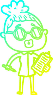 Bir insan tarafından çizilmiş gözlük takan çizgi film yöneticisi bir kadının soğuk gradyan çizimi.