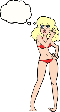 Bir insan tarafından çizilmiş düşünce baloncuğu olan bikinili güzel bir kadın.