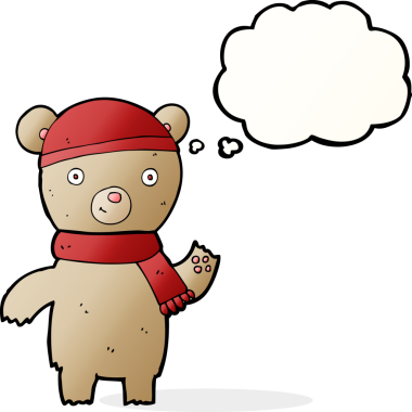 Bir insan tarafından çizilmiş düşünce balonlu oyuncak ayıyı sallayan çizgi film.