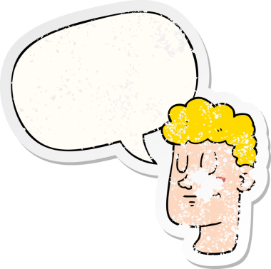 Konuşma baloncuğu olan çizgi film erkek yüzü bir insan tarafından çizilmiş sıkıntılı eski bir çıkartma