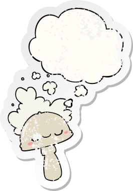 Karikatür mantarı. Düşünce baloncuğu ve komik bulutlu. Üzüntülü bir çıkartma gibi.