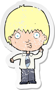 Bir insan tarafından çizilen soruya cevap veren, karikatür okullu bir çocuğun gerilimli çıkartması.