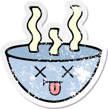 Bir insan tarafından çizilmiş sıcak çorba kasesinin hüzünlü çıkartması.