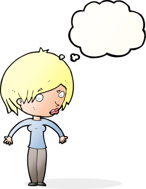 Bir insan tarafından çizilmiş düşünce baloncuğuyla omuz silken çizgi film kadını.