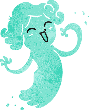 Bir insan tarafından çizilmiş mutlu pembe bir hayaletin el çizimi karikatürü.