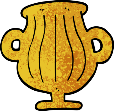 Bir insan tarafından çizilmiş altın bir vazonun desenli çizimi.