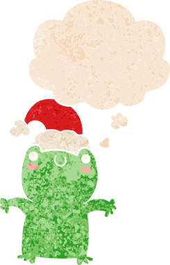 Hoş bir çizgi film kurbağası, Noel şapkası takıyor. Düşünce baloncuğu ve grunge desenli, sıkıntılı bir insan stili çiziyor.