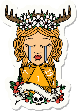 Ağlayan insan bir Druid 'in çıkartması. Bir insan tarafından çizilmiş doğal bir D20 rulosu.