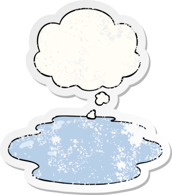 Düşünce baloncuklu su birikintisi insan tarafından çizilmiş yıpranmış bir çıkartma gibi.