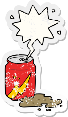 Bir insan tarafından çizilmiş karikatür konservesi ve konuşma balonu sıkıntılı eski bir çıkartma