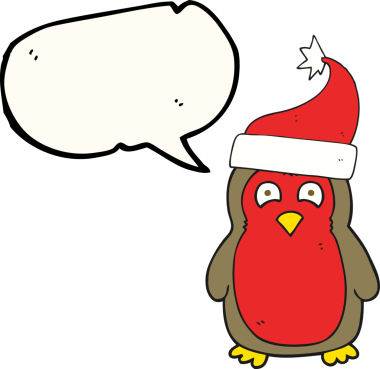Bir insan tarafından çizilmiş Noel şapkası giyen serbest konuşma balonu karikatürü Robin.