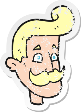 Bir insan tarafından çizilmiş bıyıklı bir karikatürcünün gerilemiş çıkartması.