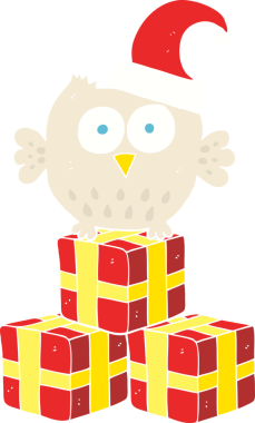 Bir insan tarafından çizilmiş Noel şapkası takan küçük baykuşun düz renk çizimi