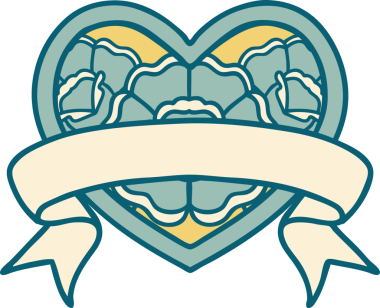 İkonik dövme stili bir kalp ve bir insan tarafından çizilmiş çiçekli pankart.