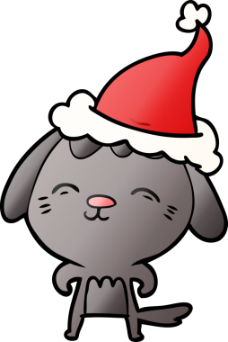 Mutlu el çizimi, bir insan tarafından çizilmiş Noel Baba şapkası takan bir köpeğin çizgi filmi.