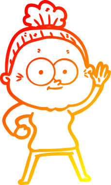 Bir insan tarafından çizilmiş mutlu, yaşlı bir kadının sıcak çizgi çizimi.