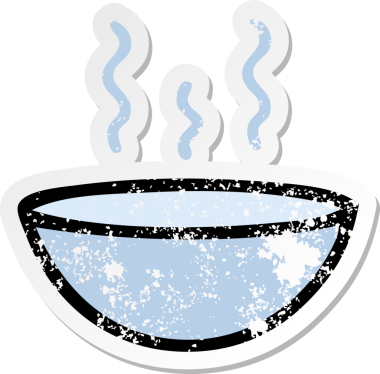 Bir insan tarafından çizilmiş sıcak çorba çizgi filminin sıkıntılı çıkartması.