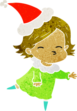 Bir insan tarafından çizilmiş Noel Baba şapkası giyen bir kadının el çizimi karikatürü.