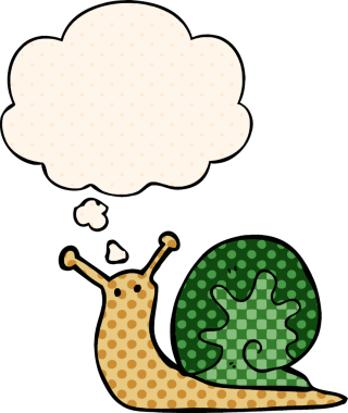 çizgi roman tarzında bir insan tarafından çizilmiş düşünce baloncuklu çizgi film salyangozu.