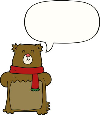 Bir insan tarafından çizilmiş konuşma balonlu çizgi film ayısı.