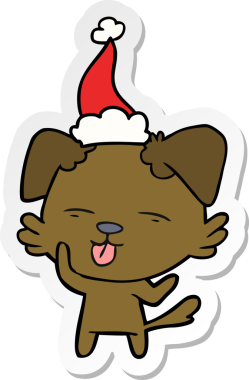 Bir insan tarafından çizilmiş Noel Baba şapkası takan bir köpeğin el yazısı.