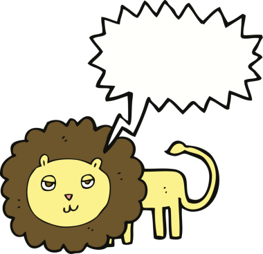 Bir insan tarafından çizilmiş konuşma balonlu çizgi film aslanı.